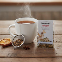 Steaming cup of tea with a tea bag labeled 'Woman's Dream' on a wooden surface.