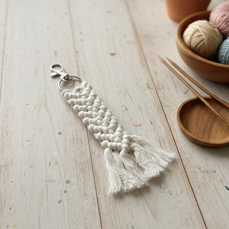 Macrame keychain with tassels on a wooden surface with yarn and knitting needles.