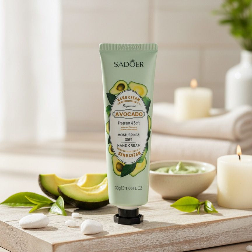 Hand cream with avocado ingredients on a wooden board with avocados and candles in the background