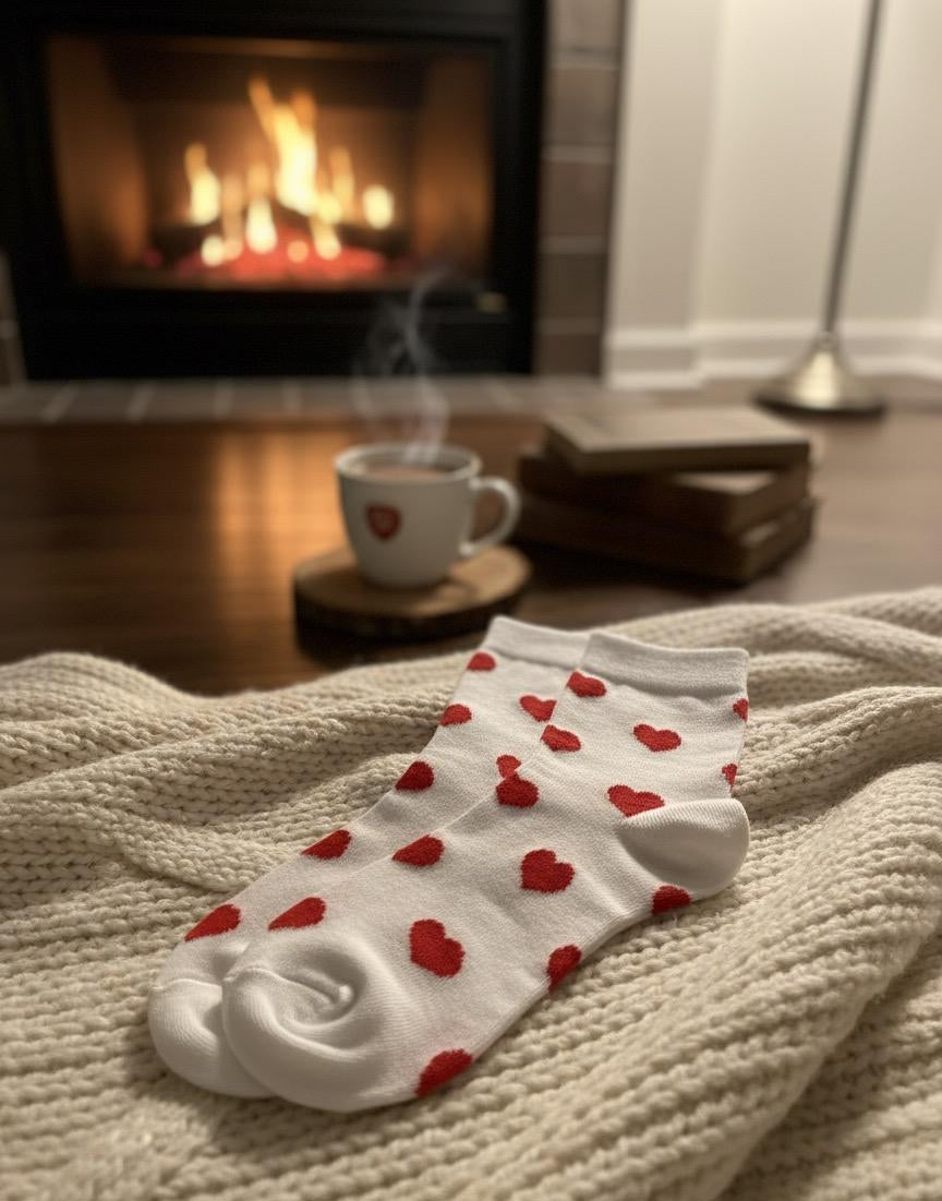 White socks with red hearts on a blanket in front of a fireplace.