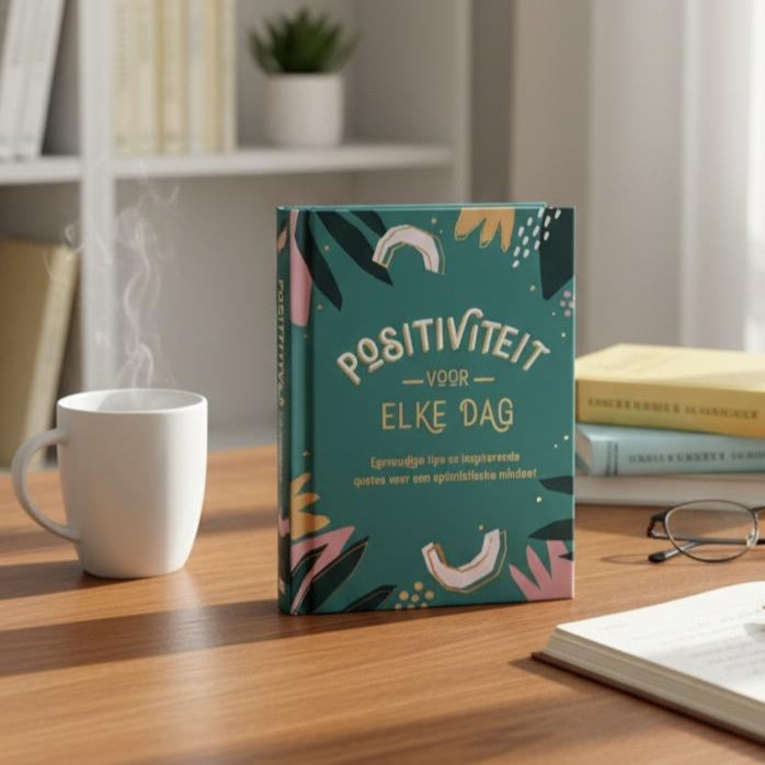 Book titled 'Positiviteit voor elke dag' on a desk with a cup, glasses, and books in the background.
