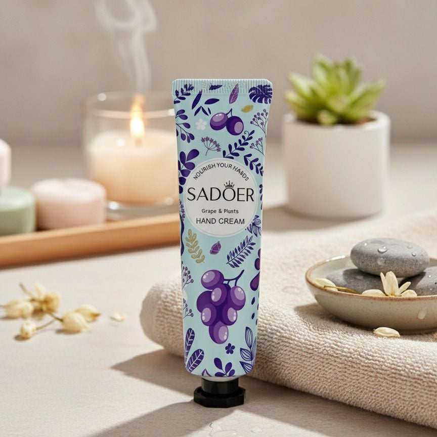 Sadoer hand cream tube with floral design on a spa-like setting