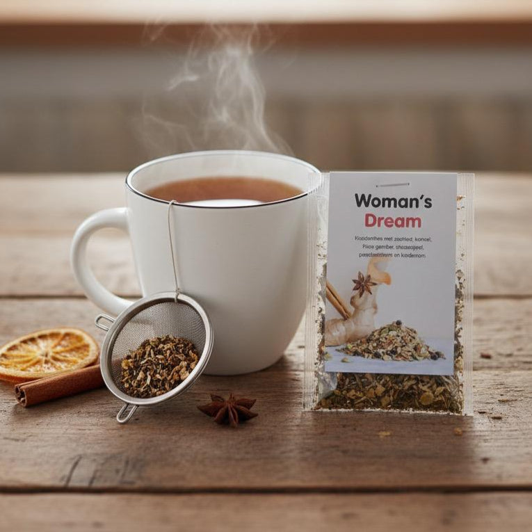 Steaming cup of tea with a tea bag labeled 'Woman's Dream' on a wooden surface.