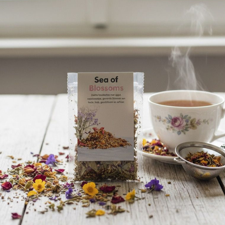 Tea package labeled 'Sea of Blossoms' with a steaming cup of tea on a wooden surface.