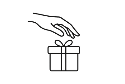 Minimalist line art icon of a hand gently touching a simple gift box. Clean, single-color lines on a plain background, vector style. Evokes a sense of thoughtful choice.