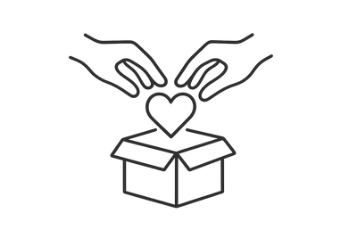 Simple line art icon of two hands carefully placing a small heart into an open gift box. Minimalist vector style with clean, single-color lines on a plain background. Conveys care and love.